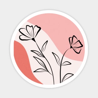 Abstract Botanical Poppy Line Art Flowers On Pink Magnet
